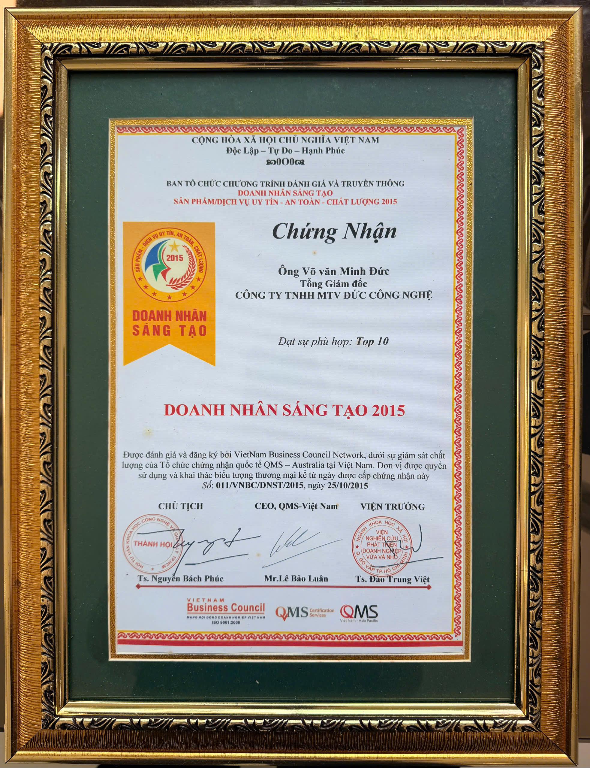 CHỨNG NHẬN DOANH NHÂN SÁNG TẠO 2015