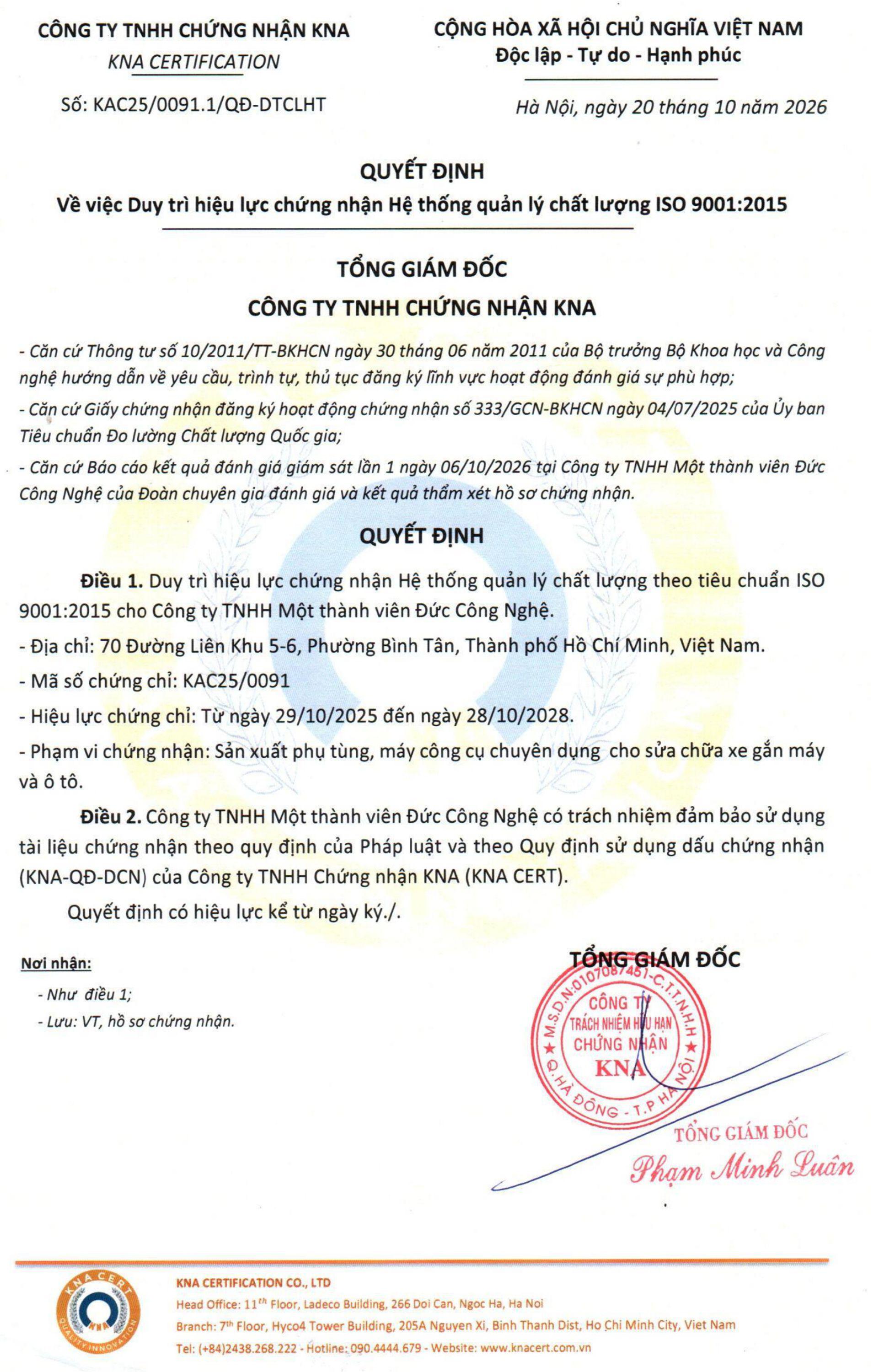 CÔNG TY TNHH MTV ĐỨC CÔNG NGHỆ TIẾP TỤC DUY TRÌ CHỨNG NHẬN ISO 9001:2015