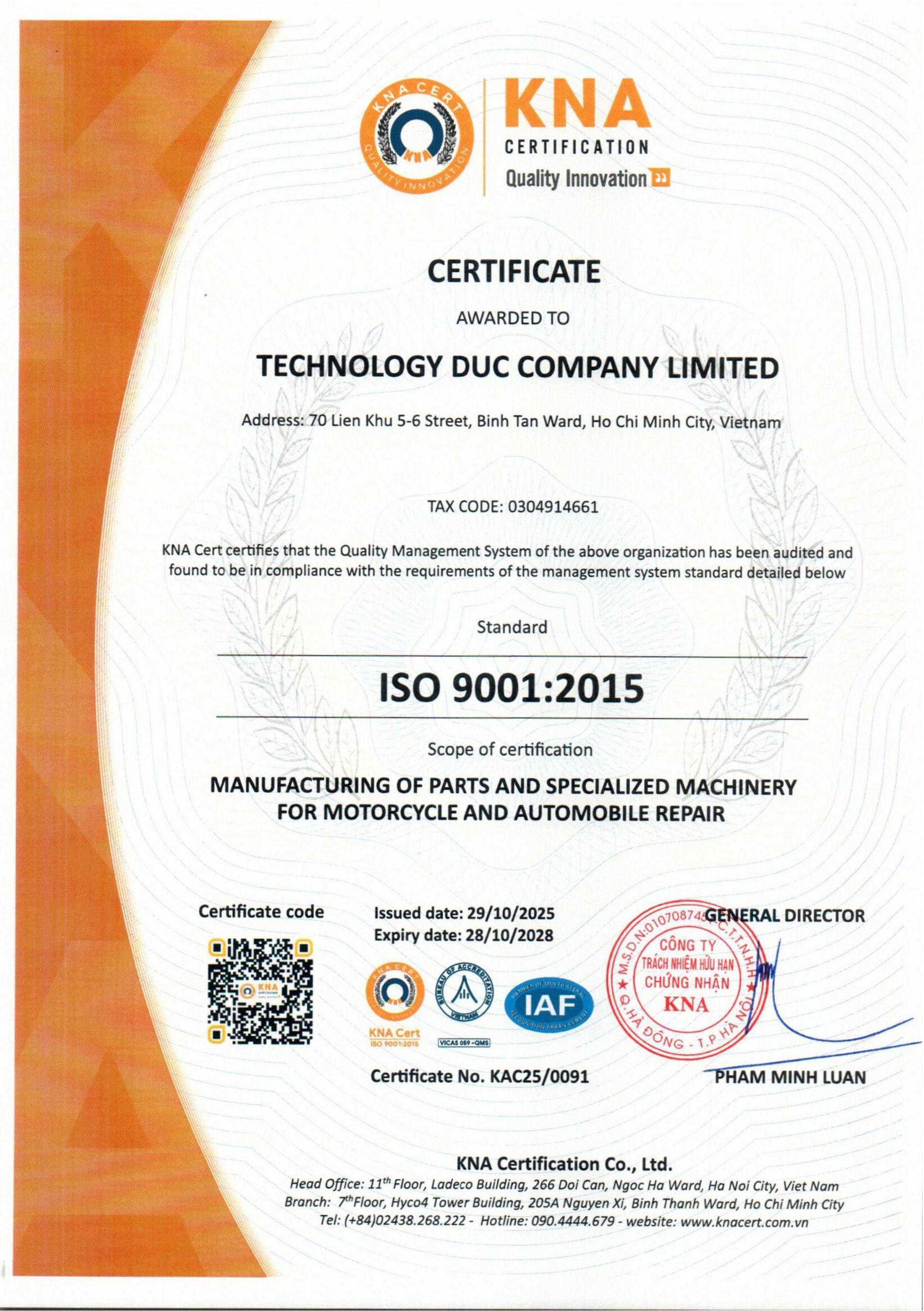 CERTIFICATE ISO 9001:2015